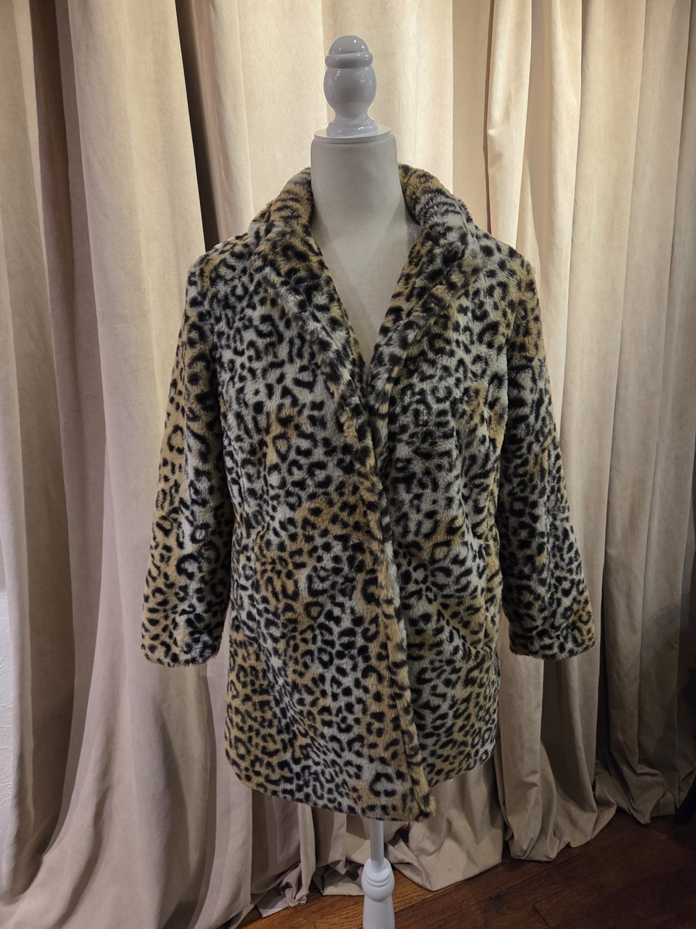 Leopard Print Faux Fur Coat - Women's Tan/Black